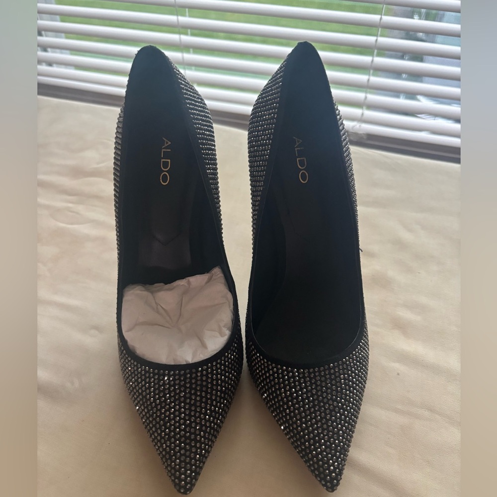 Aldo Black Stiletto Heels with Rhinestone Embellishments